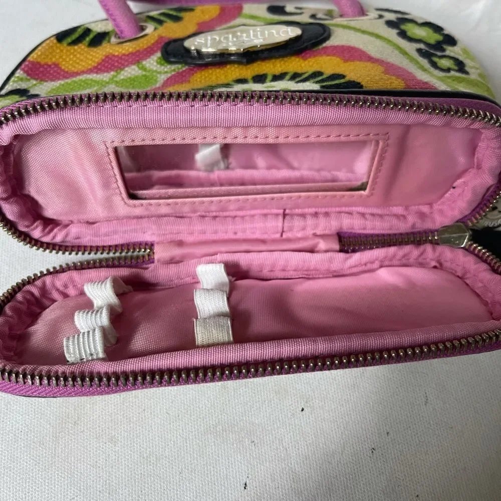 Spartina 449 Daufuskie Island multi color linen with black leather trim handbag.